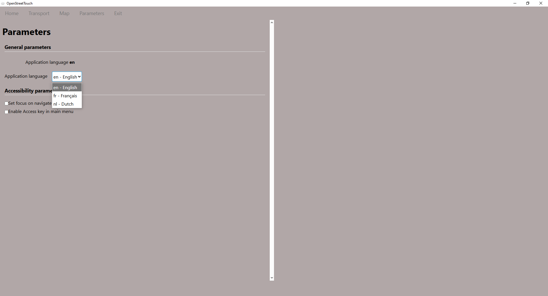 Language selection in the Parameters tab )