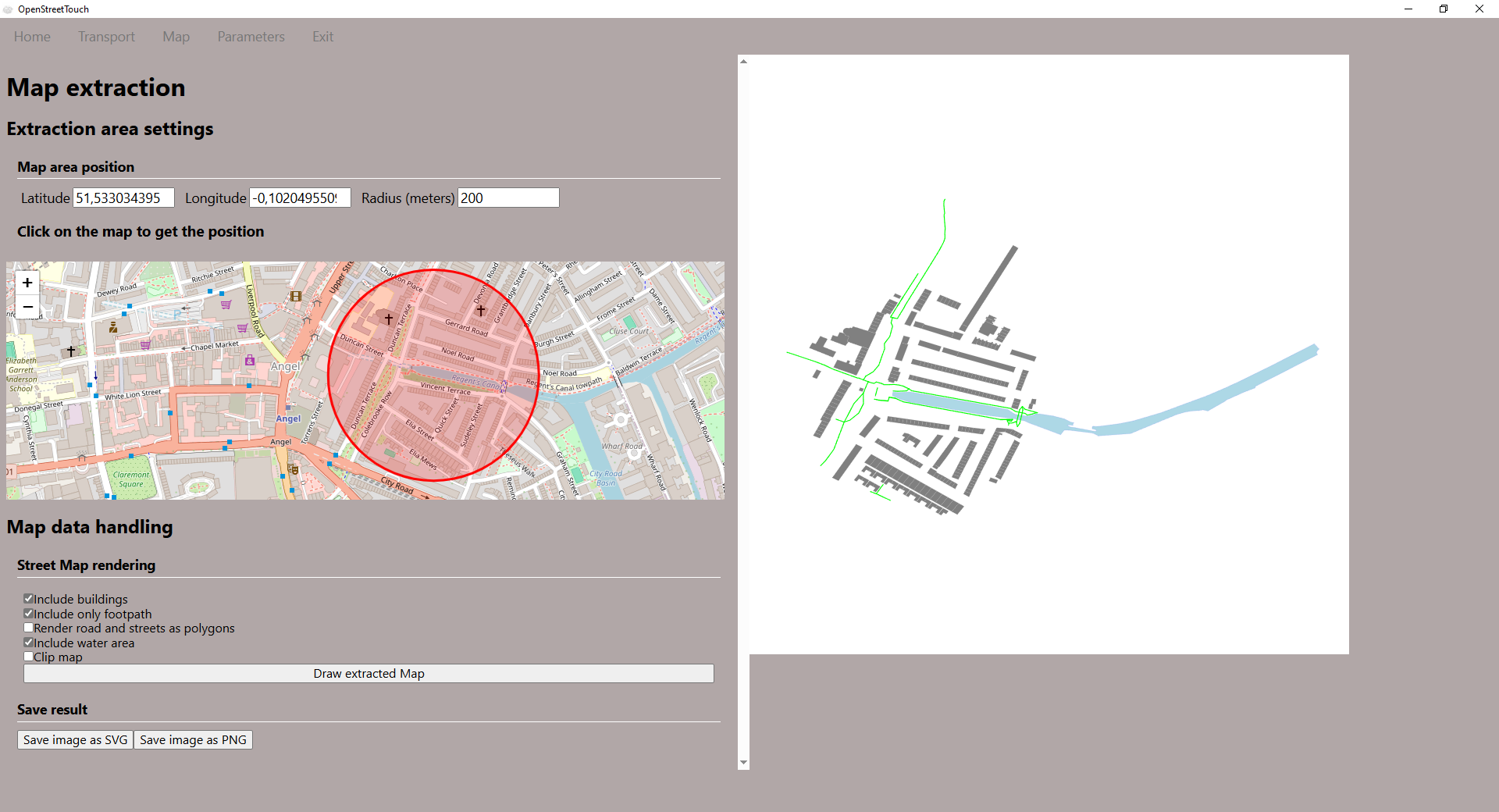 Render including buildings and pedestrian roads only