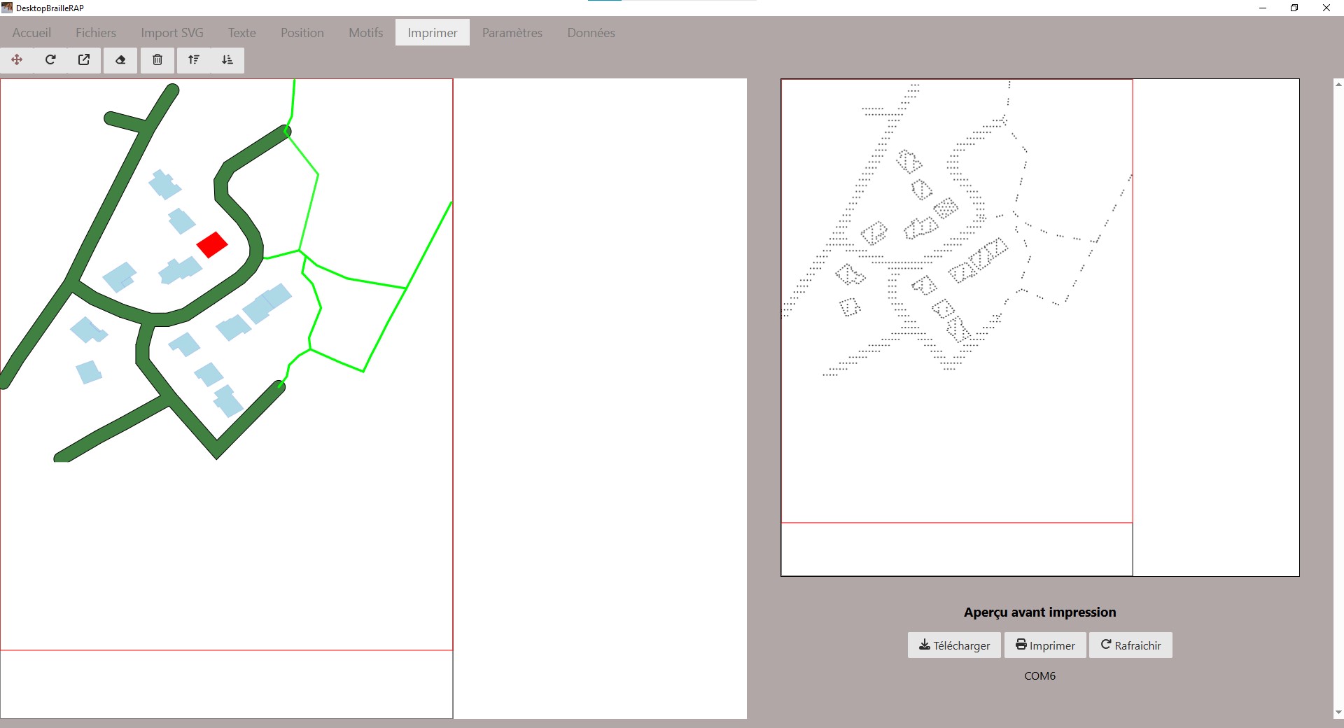 a screenshot of DesktopBrailleRAP software with a residential area map"