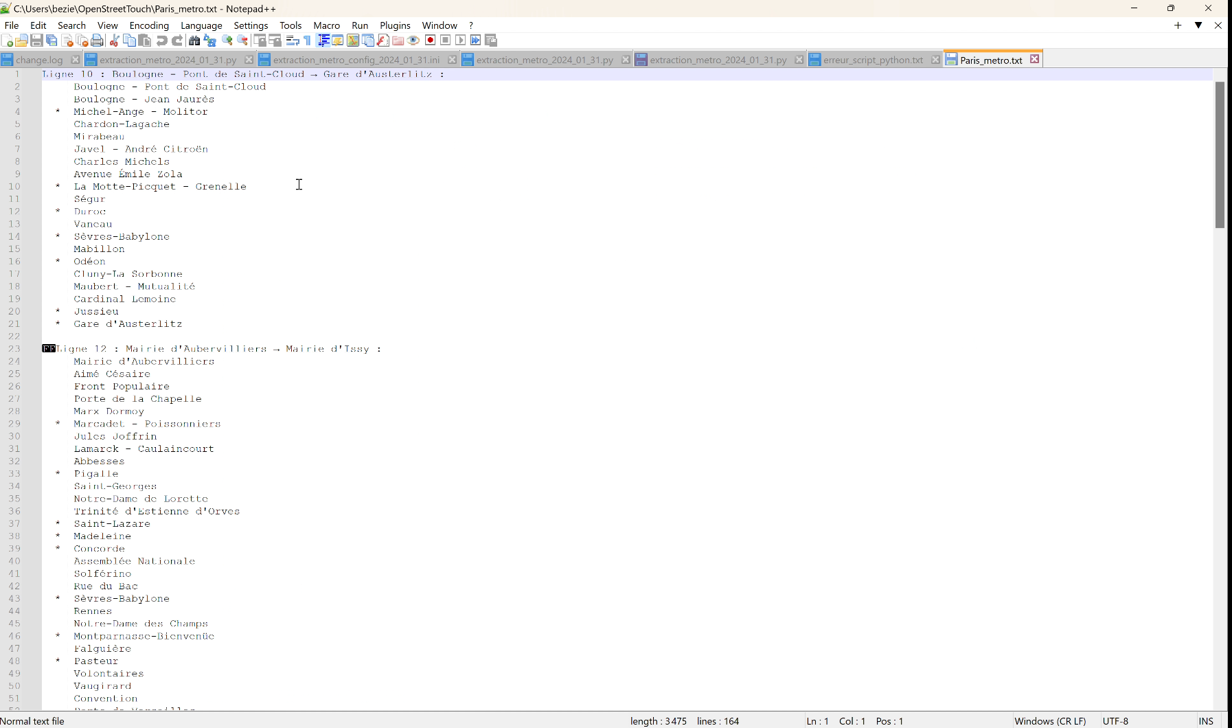 File of the names of the transport line stations, opened with a text editor