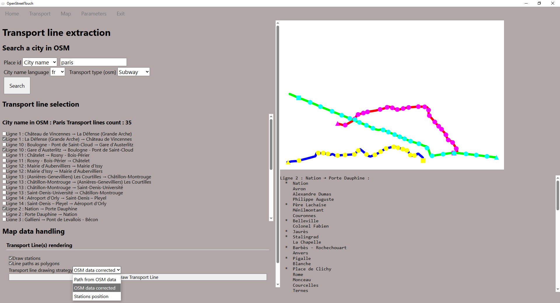 Rendering in the right panel with option "draw stations and polygons" to draw transport lines
